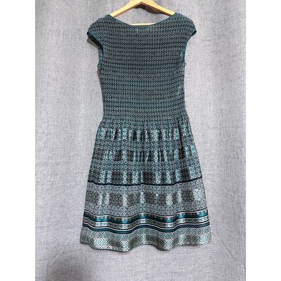 Max Studio MSSP Dress Women Large Green Ruched Metallic Geometric Short - Picture 2 of 5